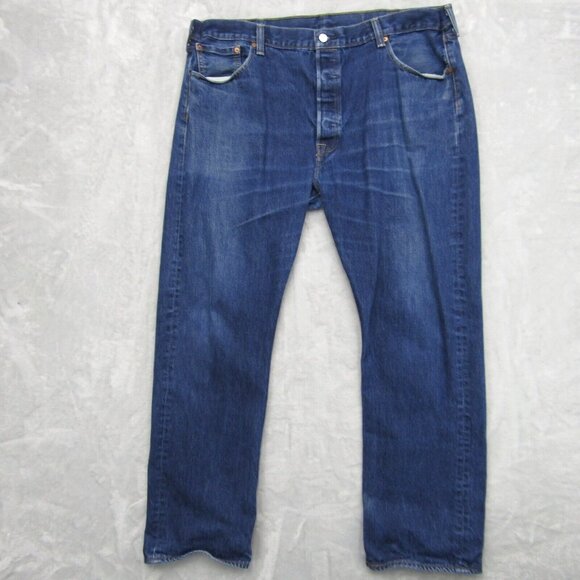 Levis 501 Jeans Mens 42 Dark Wash Denim Button Fly Slim Fit 42X32 - Picture 1 of 11